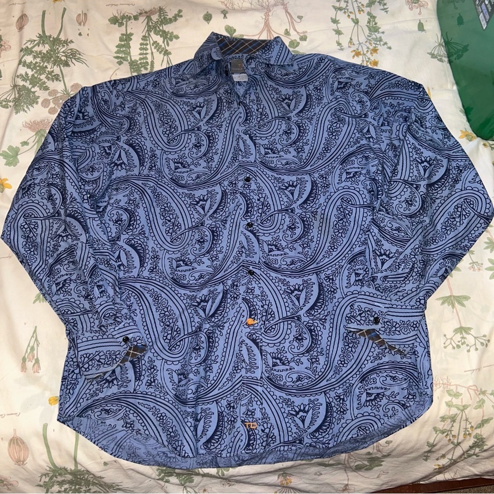 Thomas Dean Shirt Mens Blue Floral Flip Cuff Long Sleeve Button Down TD